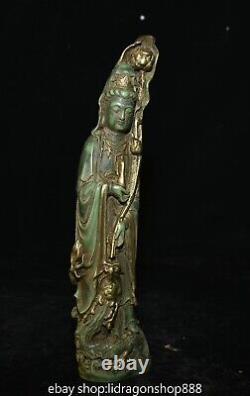 9.2 Ancienne Chine Vert Jade Doré Sculpture Kwan-yin Guan Yin Dragon Statue