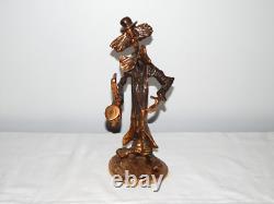 ANCIENNE SCULPTURE STATUE en BRONZE CLOWN Jouant de la Musique Signée Lohé