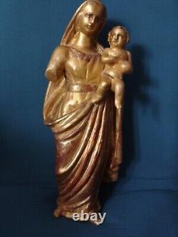 ANCIENNE STATUE/BOIS SCULPTE DORE/LA VIERGE A L'ENFANT/XVIII-XIXème/32,5cm/0,9kg