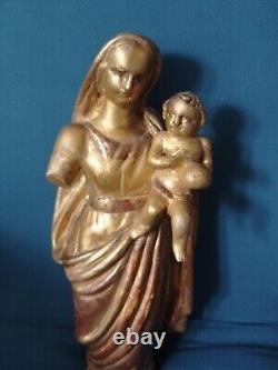 ANCIENNE STATUE/BOIS SCULPTE DORE/LA VIERGE A L'ENFANT/XVIII-XIXème/32,5cm/0,9kg