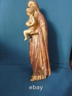 ANCIENNE STATUE/BOIS SCULPTE DORE/LA VIERGE A L'ENFANT/XVIII-XIXème/32,5cm/0,9kg