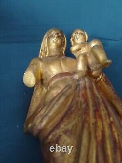 ANCIENNE STATUE/BOIS SCULPTE DORE/LA VIERGE A L'ENFANT/XVIII-XIXème/32,5cm/0,9kg