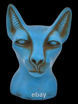ANCIENNE STATUE EGYPTIENNE ANTIQUE pierre buste bleu sculpture déesse chat Ba