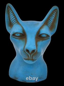 ANCIENNE STATUE EGYPTIENNE ANTIQUE pierre buste bleu sculpture déesse chat Ba