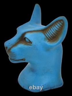 ANCIENNE STATUE EGYPTIENNE ANTIQUE pierre buste bleu sculpture déesse chat Ba