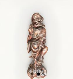 ANCIENNE STATUE GUERRIER CHINOIS SCULPTURE SUR BOIS 25cm 10