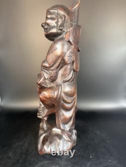 ANCIENNE STATUE GUERRIER CHINOIS SCULPTURE SUR BOIS 25cm 10