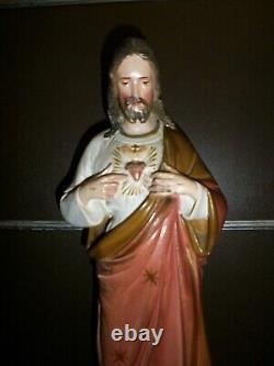 ANCIENNE STATUE RELIGIEUSE/SACRE COEUR DE JESUS/XXéme/H. 53cm/PLATRE/CHRIST/CROIX