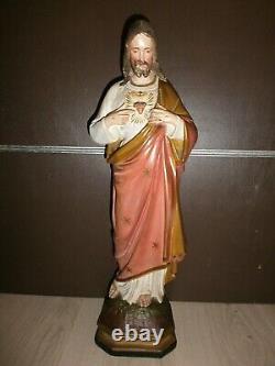 ANCIENNE STATUE RELIGIEUSE/SACRE COEUR DE JESUS/XXéme/H. 53cm/PLATRE/CHRIST/CROIX