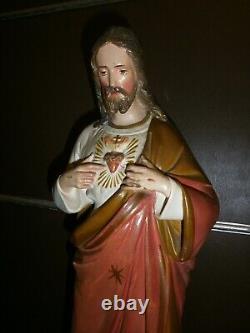 ANCIENNE STATUE RELIGIEUSE/SACRE COEUR DE JESUS/XXéme/H. 53cm/PLATRE/CHRIST/CROIX