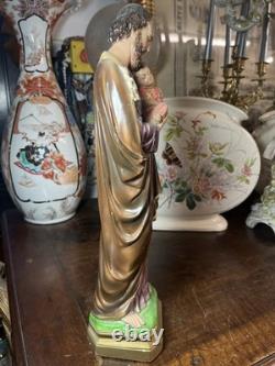 ANCIENNE STATUE RELIGIEUSE SAINT JOSEPH ET L'ENFANT JESUS PLATRE H. 42 Cm
