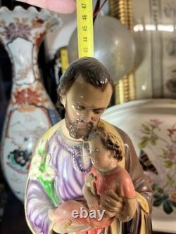 ANCIENNE STATUE RELIGIEUSE SAINT JOSEPH ET L'ENFANT JESUS PLATRE H. 42 Cm