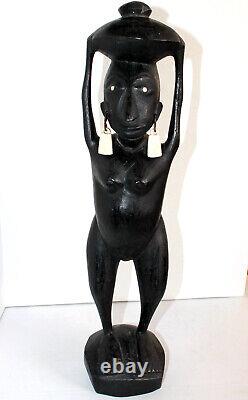 ANCIEN GRANDE STATUE SCULPTURE FEMME PORTEUSE DE LA VIE CONGO, ART AFRICAIN 53cm