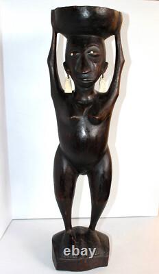 ANCIEN GRANDE STATUE SCULPTURE FEMME PORTEUSE DE LA VIE CONGO, ART AFRICAIN 60cm