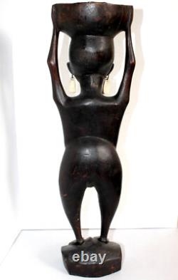 ANCIEN GRANDE STATUE SCULPTURE FEMME PORTEUSE DE LA VIE CONGO, ART AFRICAIN 60cm