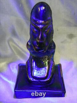 ANCIEN PRESSE PAPIER SCULPTURE PTE DE VERRE BLEU IRISE STATUE MOAÏ OUVRE signée
