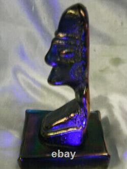 ANCIEN PRESSE PAPIER SCULPTURE PTE DE VERRE BLEU IRISE STATUE MOAÏ OUVRE signée