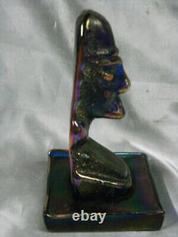 ANCIEN PRESSE PAPIER SCULPTURE PTE DE VERRE BLEU IRISE STATUE MOAÏ OUVRE signée