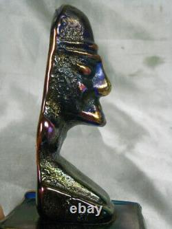ANCIEN PRESSE PAPIER SCULPTURE PTE DE VERRE BLEU IRISE STATUE MOAÏ OUVRE signée