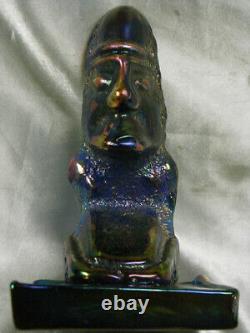 ANCIEN PRESSE PAPIER SCULPTURE PTE DE VERRE BLEU IRISE STATUE MOAÏ OUVRE signée