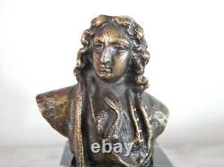 ANCIEN Petit BUSTE Sculpture en BRONZE Jean de la Fontaine Sur Socle en MARBRE