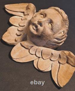 ART RELIGIEUX ancien SCULPTURE bois Tête d' ANGELOT XVIII siècle