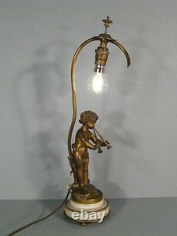 Amour Charmeur Sculpture Pied De Lampe Fût Lampe Bronze Ancien Signé Kinsburger