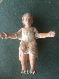 Ancien 18 eme siècle Statue enfant jésus nativité crêche noël 32 cm bois enduit