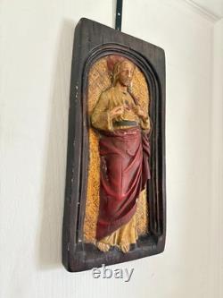 Ancien Bas Relief Sculpture Jésus Bois Sculpté Céramique Polychrome