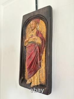 Ancien Bas Relief Sculpture Jésus Bois Sculpté Céramique Polychrome