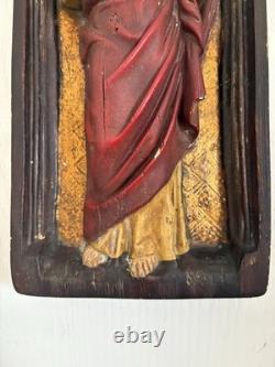 Ancien Bas Relief Sculpture Jésus Bois Sculpté Céramique Polychrome