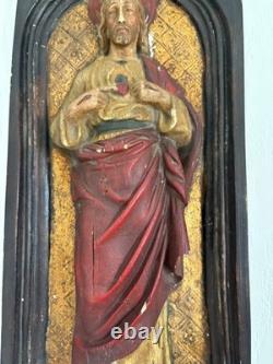 Ancien Bas Relief Sculpture Jésus Bois Sculpté Céramique Polychrome
