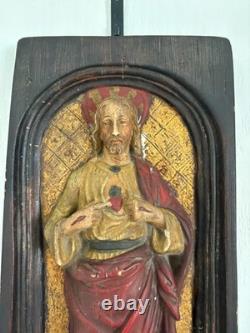 Ancien Bas Relief Sculpture Jésus Bois Sculpté Céramique Polychrome