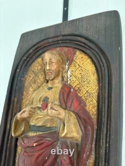 Ancien Bas Relief Sculpture Jésus Bois Sculpté Céramique Polychrome