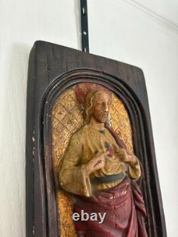 Ancien Bas Relief Sculpture Jésus Bois Sculpté Céramique Polychrome