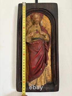 Ancien Bas Relief Sculpture Jésus Bois Sculpté Céramique Polychrome