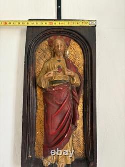 Ancien Bas Relief Sculpture Jésus Bois Sculpté Céramique Polychrome