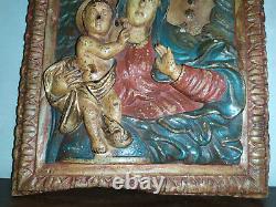 Ancien Bas-relief Vierge a l'enfant en bois Polychromé xv xvi eme siecle