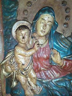 Ancien Bas-relief Vierge a l'enfant en bois Polychromé xv xvi eme siecle