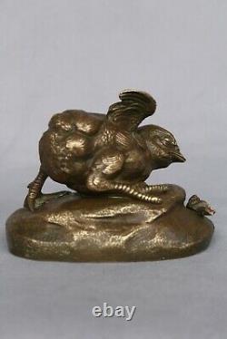 Ancien Bronze Signé C. MASSON Oisillon À L'escargot Animalier Circa 1880