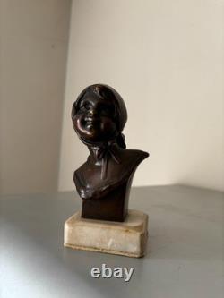 Ancien Buste Bronze Fillette Beguin Georges Trinque 1844-1930 Socle Marbre