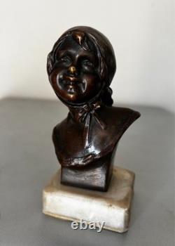 Ancien Buste Bronze Fillette Beguin Georges Trinque 1844-1930 Socle Marbre