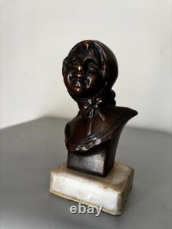 Ancien Buste Bronze Fillette Beguin Georges Trinque 1844-1930 Socle Marbre