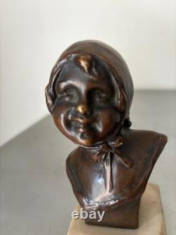 Ancien Buste Bronze Fillette Beguin Georges Trinque 1844-1930 Socle Marbre