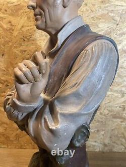Ancien Buste Homme Vigneron Polychrome Signé Joliveaux, Une Bonne Pipe