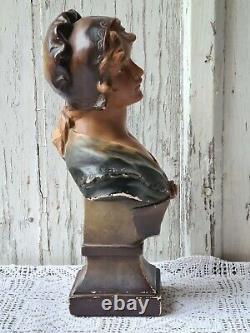 Ancien Buste Statue 1900 Femme Art Nouveau En Plâtre Numéroté