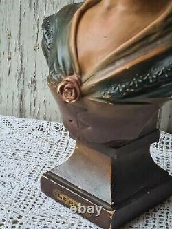 Ancien Buste Statue 1900 Femme Art Nouveau En Plâtre Numéroté