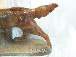 Ancien Chien Chasse Setter Statue Sculpture Animaliere Marbre Couleur Ambre Dog
