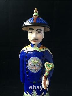 Ancien Chinois Empereur Statue Sculpture Porcelaine Signé