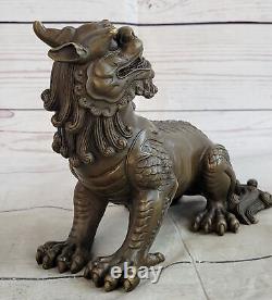 Ancien Chinois Feng Shui Bronze Fu Chien Beast Statue'Lost' Cire Méthode Décor